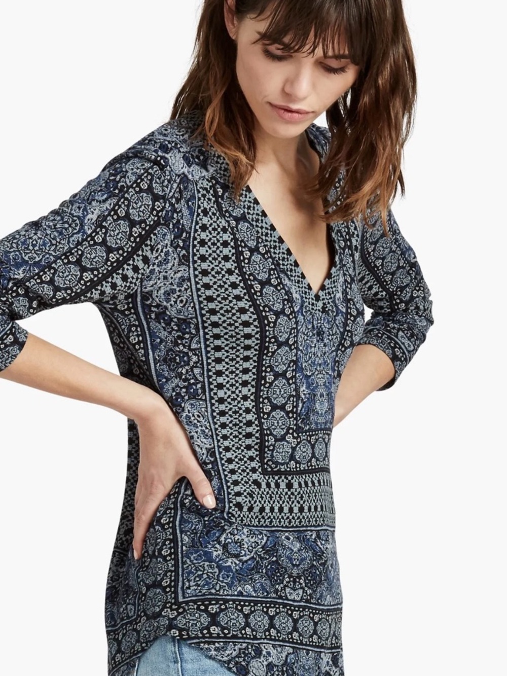 Lucky Brand Bohemian navy blue and gray patterned print top with tag